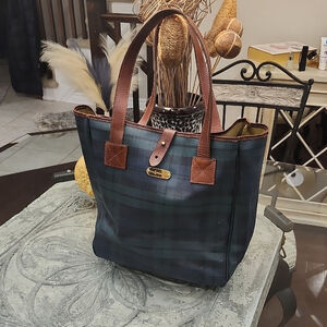VTG Polo Ralph Lauren Leather Tote/Large Handbag Plaid Tartan Coated Green/Blue